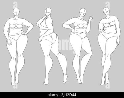 Plus Size Fashion Figure Vorlagen. Übertriebene Croquis für Modedesign und Illustration Stock Vektor