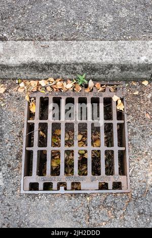 Abdeckung für Straßenabfluss, Metallgrill, Wales, Großbritannien Stockfoto