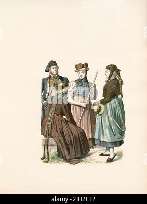 Deutsche Volkskleide (ehemaliges Großherzogtum Baden), St. Georgen, Sommerau, Deutschland, Ende 19.. Jahrhundert, Illustration, The History of Costume, Braun & Schneider, München, Deutschland, 1861-1880 Stockfoto