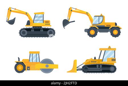 Schwere Baumaschinen. Engineering-Maschinen für den Bau als Bagger, Bulldozer, Traktor und Lader Stock Vektor