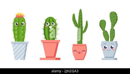 Niedlicher Kaktus mit Gesichtern. Sukulente Topfpflanzen Zeichen mit positiven Emotionen. Lächelnde tropische Kakteen mit Dornen Stock Vektor