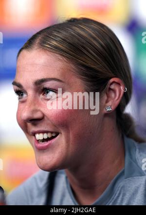 Englands Torhüterin Mary Earps während einer Pressekonferenz im St. Mary's Stadium, Southampton. Bilddatum: Donnerstag, 14. Juli 2022. Stockfoto