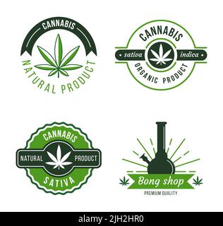 Marihuana-Etikett. Moderne Cannabis-Logo-Vorlagen. Organische Designelemente für medizinische Produkte. Natürliche legale Drogen Stock Vektor