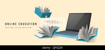 Online-Bildungskonzept. Laptop mit offenen Büchern. Online-Lernen. Vektorgrafik. Stock Vektor