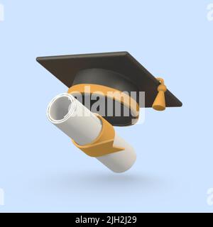 Niedliche Cartoon Graduierung Kappe und Diplom. Bildung, Abschluss Zeremonie Konzept. Vektorgrafik. Stock Vektor