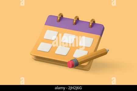 Niedlicher Cartoon-Kalender mit Bleistift. 3D realistischer Geschäftsbericht. Vektorgrafik. Stock Vektor