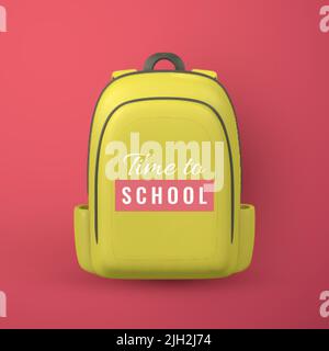 Zeit bis zur Schule Promo Banner Design. Niedlicher gelber Rucksack mit 3D Farben. Vektorgrafik. Stock Vektor