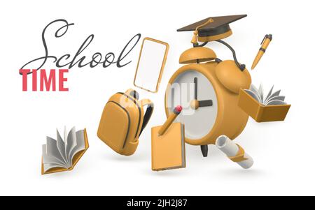 Konzept der Schulzeit. Schultasche mit Buch, Telefon, Bleistift, Wecker, Abschlusskappe und Diplom. Vektorgrafik. Stock Vektor