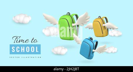 Zeit bis zur Schule Promo Banner Design. 3D realistische Schultasche mit Flügeln fliegen in Wolken. Vektorgrafik. Stock Vektor