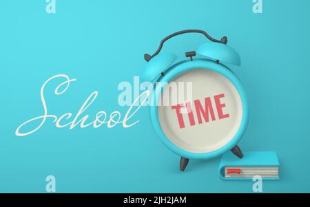Werbebanner für die Schulzeit. Netter 3D-stunden-Wecker und ein Buch. Vektorgrafik. Stock Vektor