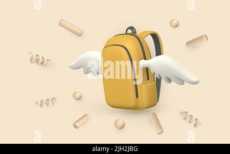 Niedlicher gelber Cartoon-Rucksack mit Flügeln und Konfetti. 3D realistische Schultasche. Zurück zum Schulkonzept. Vektorgrafik. Stock Vektor