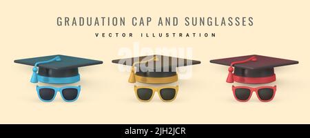 Niedliche Cartoon Graduierung Kappe und Sonnenbrille. Bildung, Abschluss Zeremonie Konzept. Vektorgrafik. Stock Vektor