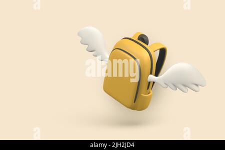 Niedlichen Cartoon gelben Rucksack mit Flügeln. 3D realistische Schultasche. Zurück zum Schulkonzept. Vektorgrafik. Stock Vektor