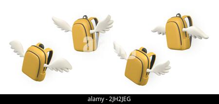 Niedlichen Cartoon gelben Rucksack mit Flügeln. 3D realistische Schultasche. Zurück zum Schulkonzept. Vektorgrafik. Stock Vektor