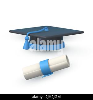 Niedliche Cartoon Graduierung Kappe und Diplom. Bildung, Abschluss Zeremonie Konzept. Vektorgrafik. Stock Vektor