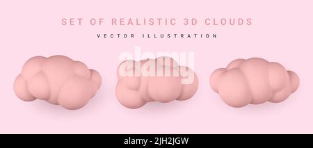 3D rote Wolken. Satz von runden Cartoon flauschige Wolken isoliert auf einem hellroten Hintergrund. Vektorgrafik. Stock Vektor