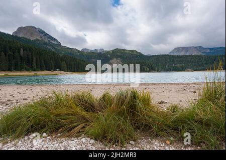 Der Black Lake im Durmitor National Park mit einem Haufen Gras im Vordergrund und Bergen im Hintergrund. Municipio Žabljak, Mazedonien. Stockfoto