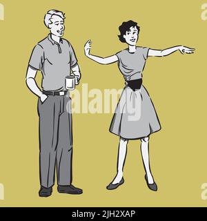 1950s oder 1960er Jahre Mann trinkt Kaffee und Frau winkt Stock Vektor