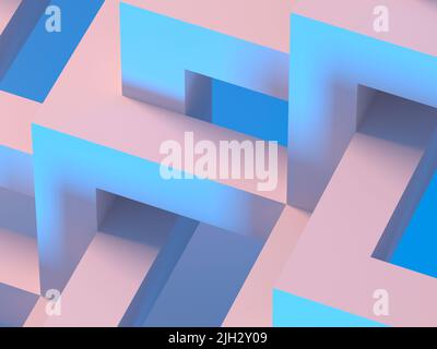 Abstrakter minimaler Architekturhintergrund mit blau-pinker Beleuchtung, 3D Rendering-Illustration Stockfoto