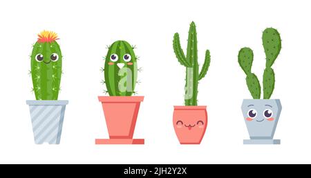 Kaktus mit Gesichtern. Niedliche Comic-Figuren in Tpfen mit lustigen  Gesichtern, Smiley Maskottchen Pflanzen fr Kinder Illustration. Vektorset  Stock-Vektorgrafik - Alamy
