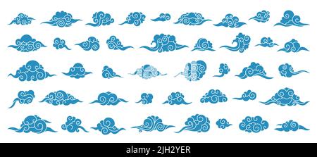 Asiatische Wolken verzieren. Chinesisch Japanisch Koreanisch orientalisch umreißen festliche dekorative Elemente, traditionelle Sky Art Hintergrund. Vektor-isolierter Satz Stock Vektor