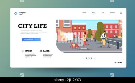 Menschen auf dem Roller Landung. Homepage-Vorlage mit Zeichen Reiten Elektro-Scooter, öffentliche Verkehrsmittel Verleih Web-Seite Konzept. Vektorlayout Stock Vektor