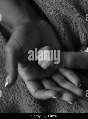 Mutter hält die Hand des Neugeborenen in Schwarz und Weiß Stockfoto