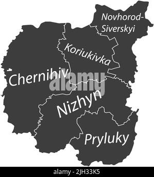 Dunkelgrau getaggte Karte von Raionen im GEBIET TSCHERNIW, UKRAINE Stock Vektor
