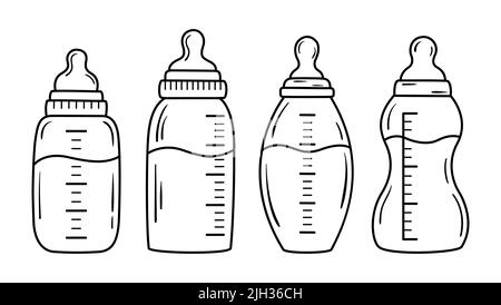 Milchflaschen-Kollektion im Line Art Style. Baby-Schnuller Doodle. Vektorgrafik. Stock Vektor