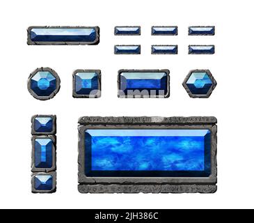 Eine Reihe von realistischen Stein-Interface-Tasten und Fantasy-Elemente mit Edelsteinen. Strukturierte Tabletten und Einsätze. Stockfoto