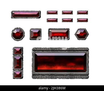 Eine Reihe von realistischen Stein-Interface-Tasten und Fantasy-Elemente mit Edelsteinen. Strukturierte Tabletten und Einsätze. Stockfoto