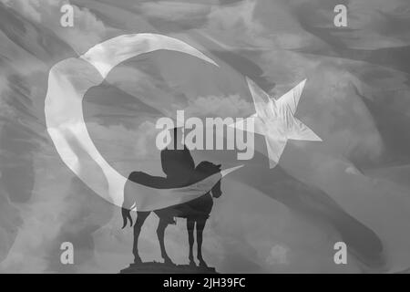 10 kasim oder 10.. november Gedenktag Atatürk Hintergrundbild mit Denkmal von Atatürk und türkische Flagge in schwarz-weiß Ansicht. Stockfoto