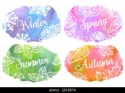 Set aus vier mehrfarbigen Vektorfarben, Aquarell, saisonaler Hintergrund, isoliert auf Weiß Stock Vektor
