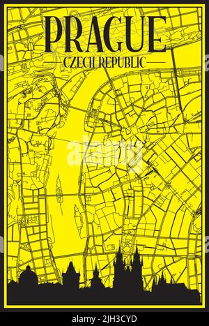 Goldenes Stadtplakat mit Panorama-Skyline und handgezeichneten Straßen auf gelb-schwarzem Hintergrund der Innenstadt VON PRAG, TSCHECHIEN Stock Vektor