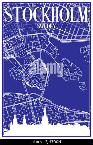 Technisches Zeichnungsausdruck Stadtplakat mit Panorama-Skyline und handgezeichneten Straßen Netzwerk auf blauem Hintergrund der Innenstadt VON STOCKHOLM, SCHWEDEN Stock Vektor