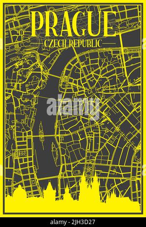 Gelbes Ausdruck-Stadtplakat mit Panorama-Skyline und handgezeichneten Straßen auf dunkelgrauem Hintergrund der Prager Innenstadt, TSCHECHIEN Stock Vektor