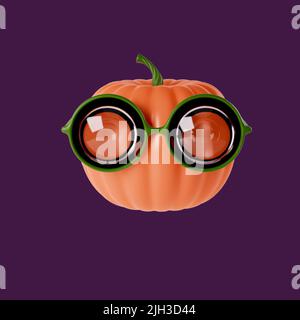 Lustige orange Cartoon Kürbis Kopf in runden modischen Gläsern, Charakter-Konzept zum Thema der Urlaub Halloween, 3D Illustration, Rendern Stockfoto
