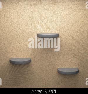 Drei leere runde Betonregale an der Wand mit tropischen Baumschatten für die kosmetische Produktpräsentation in den sozialen Medien. 3D Darstellung rendern Stockfoto