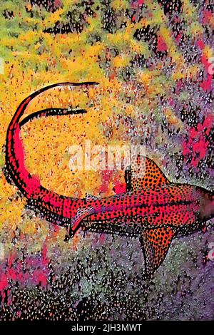 Zebra Shark (Stegostoma fasciatum) schwimmt im klaren Wasser mit einem sandigen Grund im Baltimore Aquarium Tank. Bearbeitet, um ein Gemälde des Bildes zu erstellen. Stockfoto