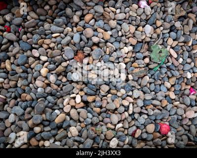 Kleine Steine in den Farben Blau-Grau und Weiß im Garten mit etwas Müll darüber Stockfoto