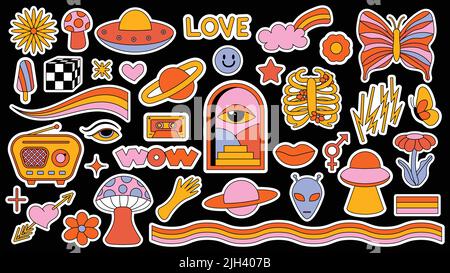 Set von Hipster Retro coolen psychedelischen Elementen. Sammlung Aufkleber von groovigen Cliparts aus dem 70s 60s. Collage mit trendiger Pop-Atmosphäre und Funky Stock Vektor