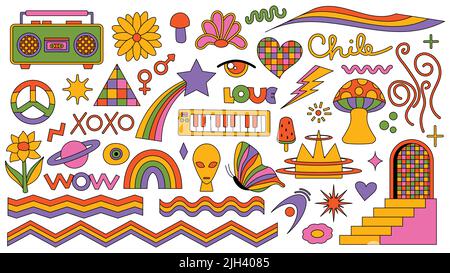 Set von Hipster Retro coolen psychedelischen Elementen. Sammlung Aufkleber von groovigen Cliparts aus dem 70s 60s. Collage mit trendiger Pop-Atmosphäre und Funky Stock Vektor