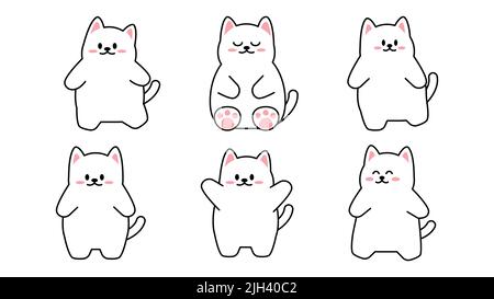 Sammlung von verschiedenen niedlichen kleinen Katzen auf weißem Hintergrund. Kawaii Satz von lustigen Tierfiguren Design im Cartoon-Stil. Haustier-Katze. Babyaufkleber Stock Vektor