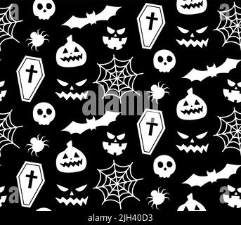 Nahtlos wiederholendes Muster mit Halloween-Symbolen. Design von Silhouetten für den Urlaub Halloween. Für Postkarte, Stoff, Banner, Vorlage, Verpackung Stock Vektor