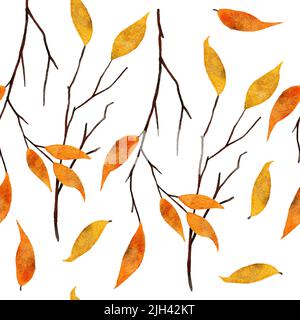 Nahtloses Aquarell-handgezeichnetes Muster mit gelb-orangen Blättern, dünnen Ästen. Herbst Herbst september oktober Hintergrund. Edler Stoffdruck auf Weiß Stockfoto