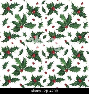Weihnachtspflanze Stechpalme nahtlose Musterauf weißem Hintergrund. Aquarell botanische handgezeichnete Weihnachten Illustration. Kunst für die Dekoration und Gestaltung von Printsin Stockfoto