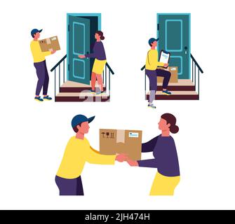 Kurier an der Tür des Kunden der Kunde wartet auf das Paket an der Tür, die das Paket an die Tür liefert Stock Vektor