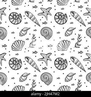 Nahtloses Muster, handgezeichnete Meerestiere im Sketch-Stil. Muscheln und Algen. Weißer Hintergrund. Isoliert. Sommer. Meer. Flaches Design. Vektor illustrr Stock Vektor
