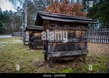 Alte Bienenstöcke im Freilichtmuseum der Volkskultur. Das Foto wurde an einem bewölkten Wintertag aufgenommen. Stockfoto