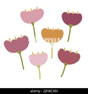 Cartoon abstrakte Blumen Set. Boho Farbe floret isoliert auf weißem Hintergrund. Handgezeichnete Pflanzen mit Blütenblättern. Stilisierte Pfingstrose, Rosen, Tulpen, Lilien. So Stock Vektor